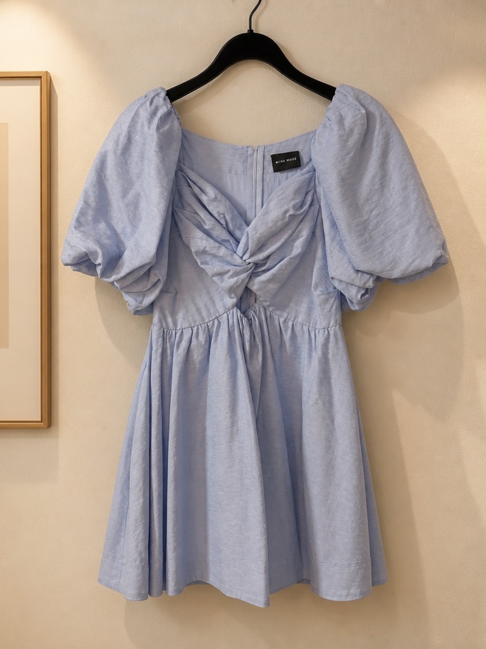 Puff-Sleeve Light Blue Mini Dress with Twist Front
